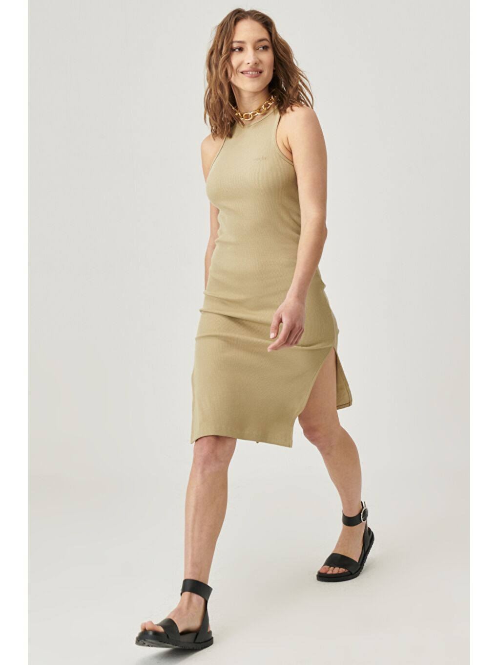 Bej Skinny Fit %100 Pamuk Kolsuz Elbise-2