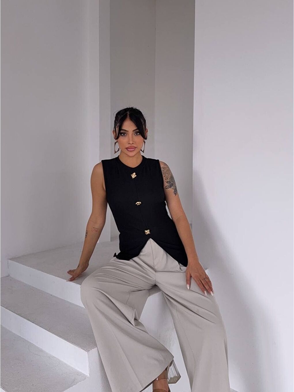 Ottoman Düğme Detay Bluz Siyah-2