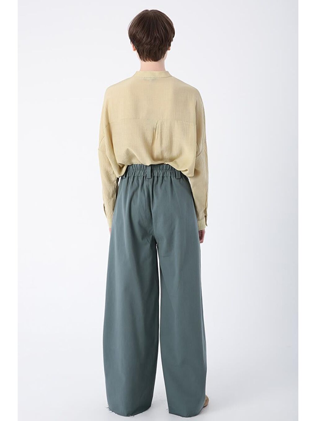 Pastel Yeşili-Pamuklu Paçası Püsküllü Nervürlü Bol Paça Pantolon-3