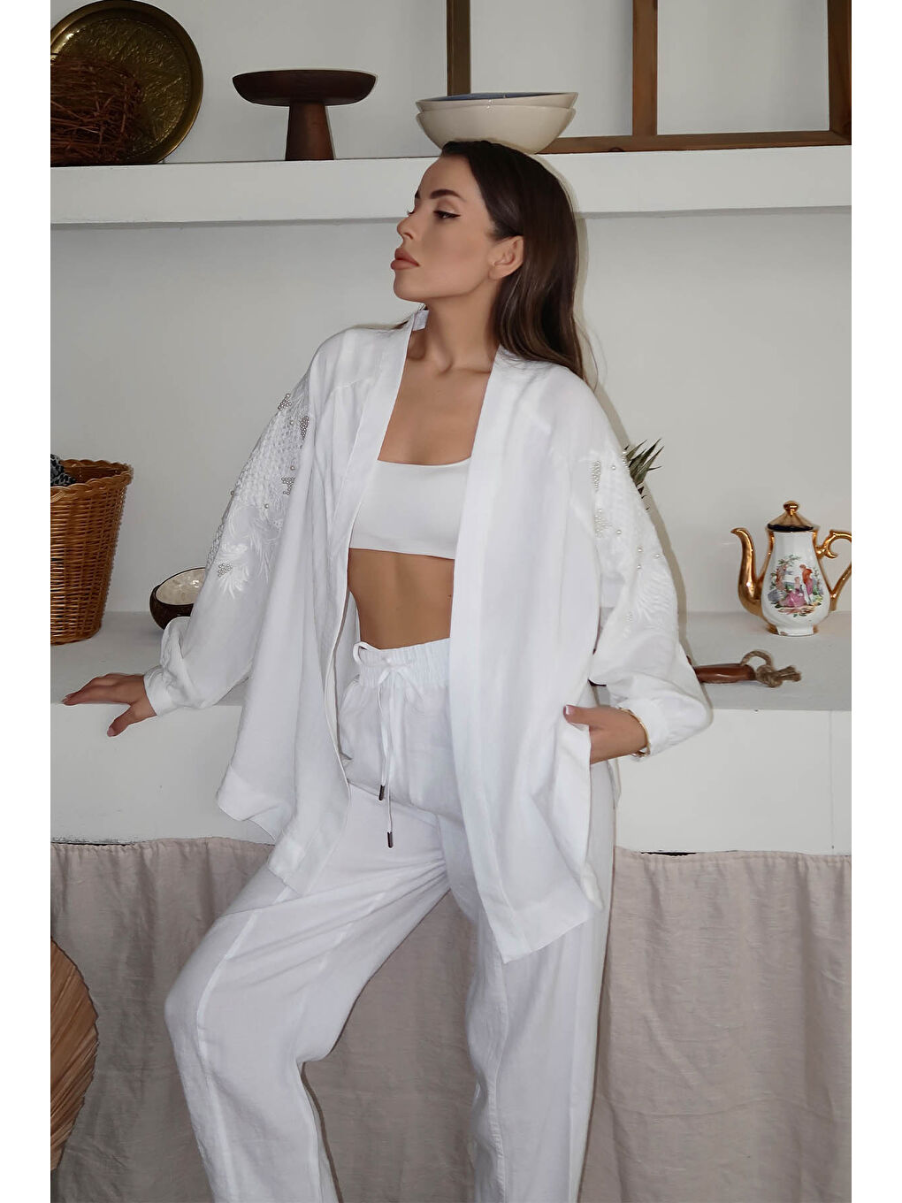 Xhan Ekru İnci İşlemeli Oversize Kimono 4KXK4-47952-52 - 2