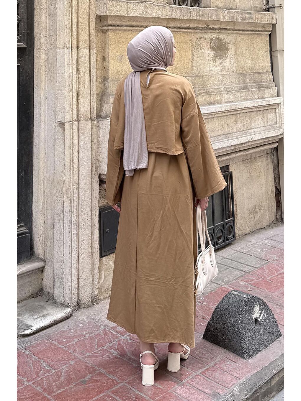 Kahverengi Etekli Tesettür Takım Camel-3