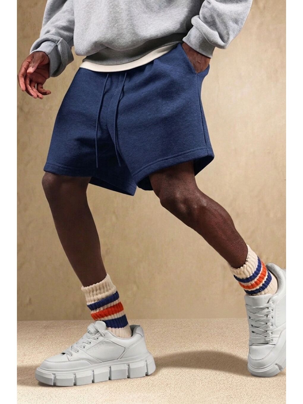 Lacivert Erkek Oversize Cepli Penye Şort Lastikli Beli Ayarlanabilir Rahat Kesim Şort