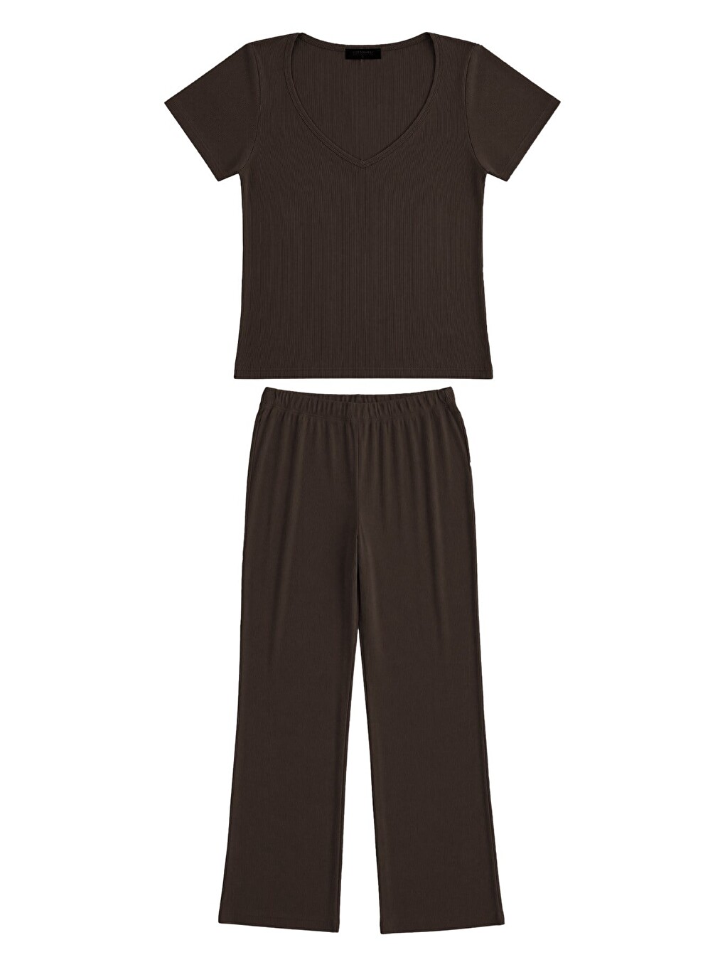 Premium - Neat Collection | Kahverengi Rib Dokulu V Yaka Modal Viskon Bol Paça Kadın Pijama Takımı-4