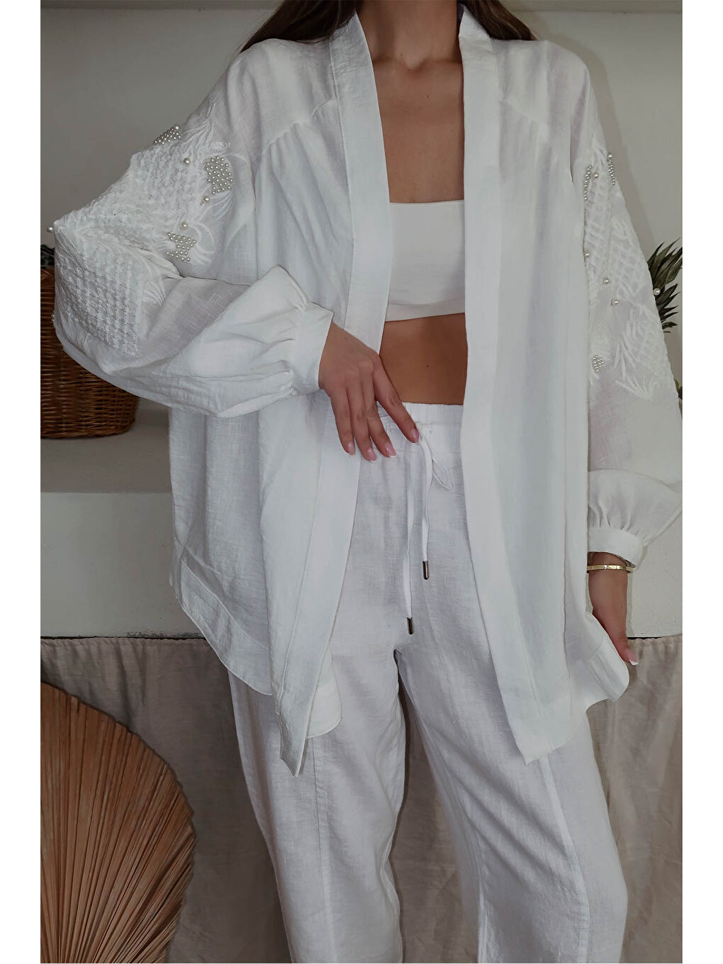 Xhan Ekru İnci İşlemeli Oversize Kimono 4KXK4-47952-52 - 3