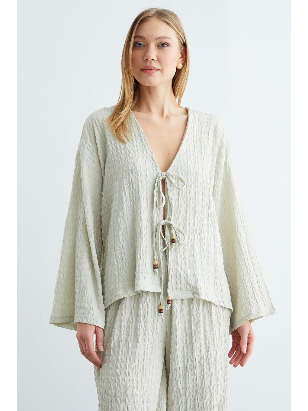 Bej Önden Bağlamalı Dokulu Kimono 2 Li Takım-1