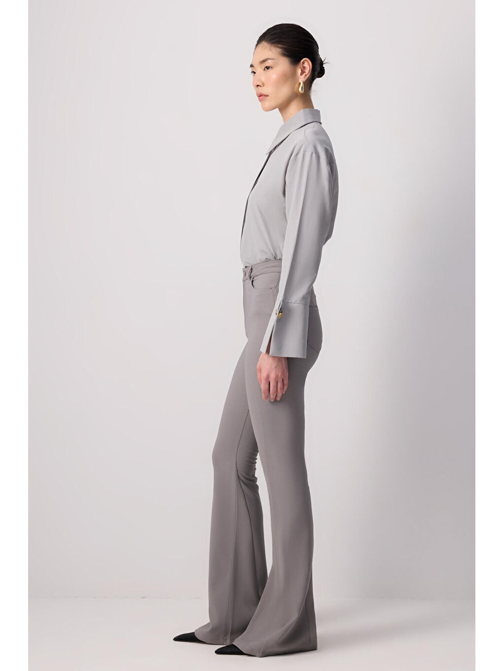 Gri İspanyol Paça Krep Pantolon-2