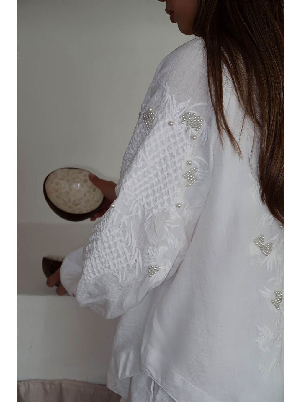 Xhan Ekru İnci İşlemeli Oversize Kimono 4KXK4-47952-52 - 4