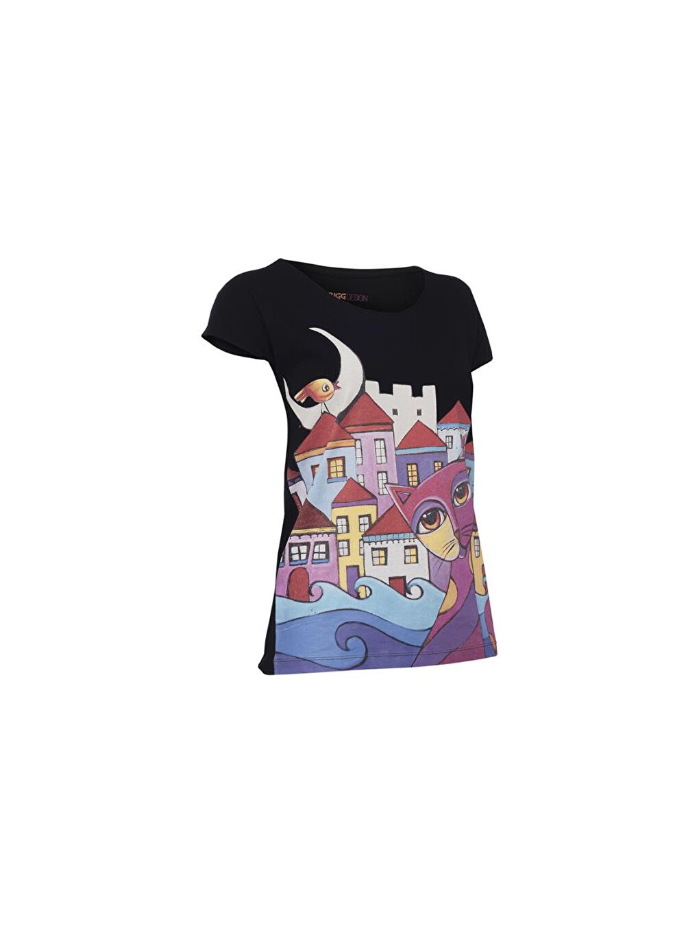 Siyah Owl and City Kadın T-Shirt-1