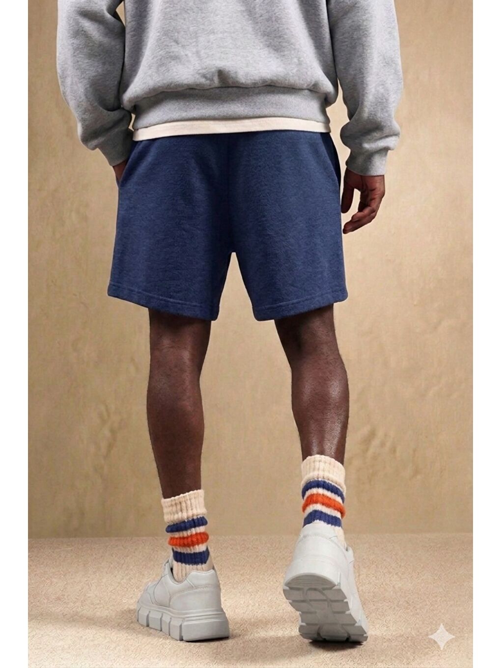 Lacivert Erkek Oversize Cepli Penye Şort Lastikli Beli Ayarlanabilir Rahat Kesim Şort-1