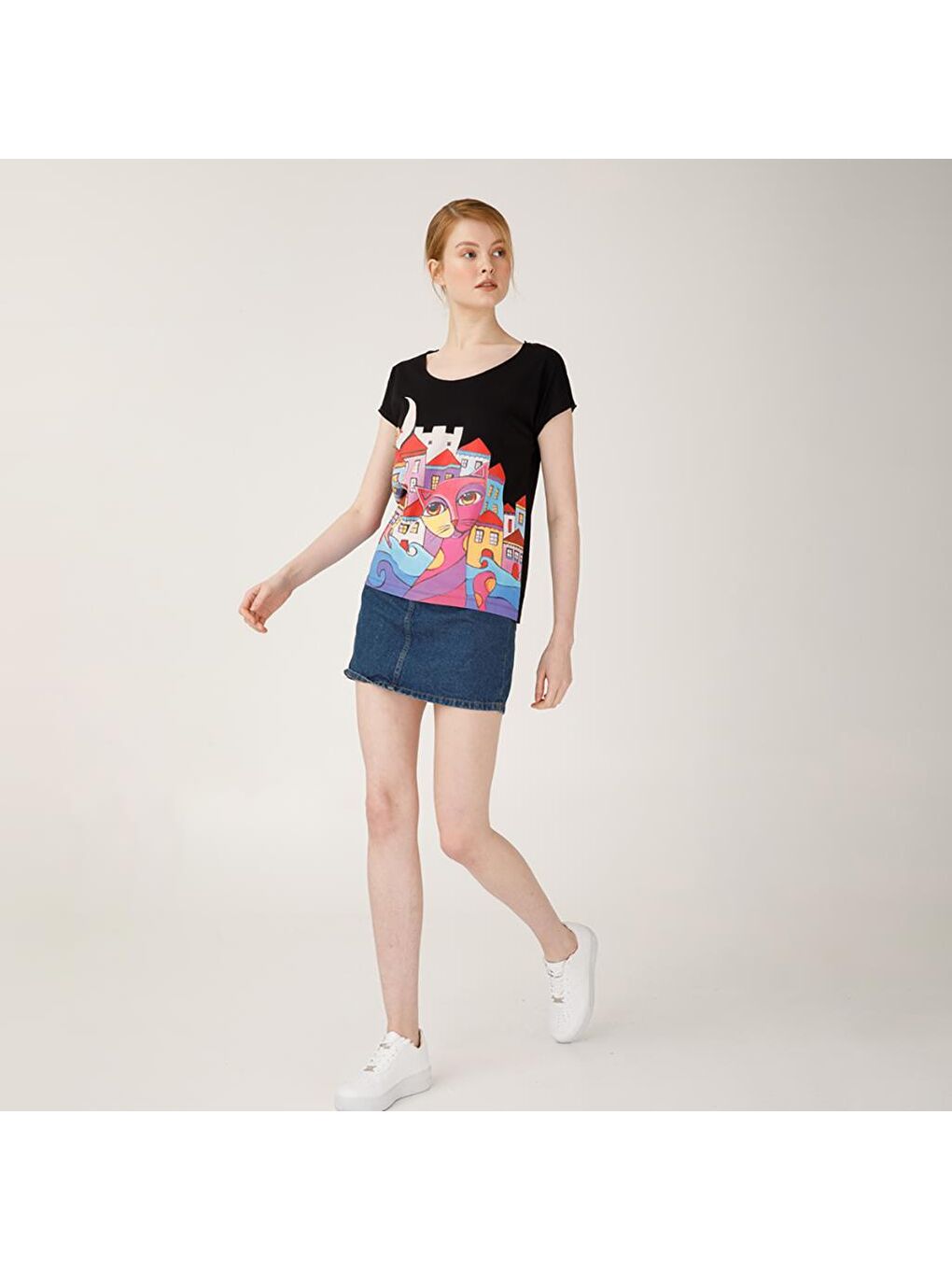 Siyah Owl and City Kadın T-Shirt-3