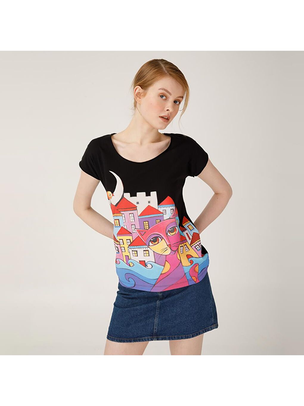 Siyah Owl and City Kadın T-Shirt-4