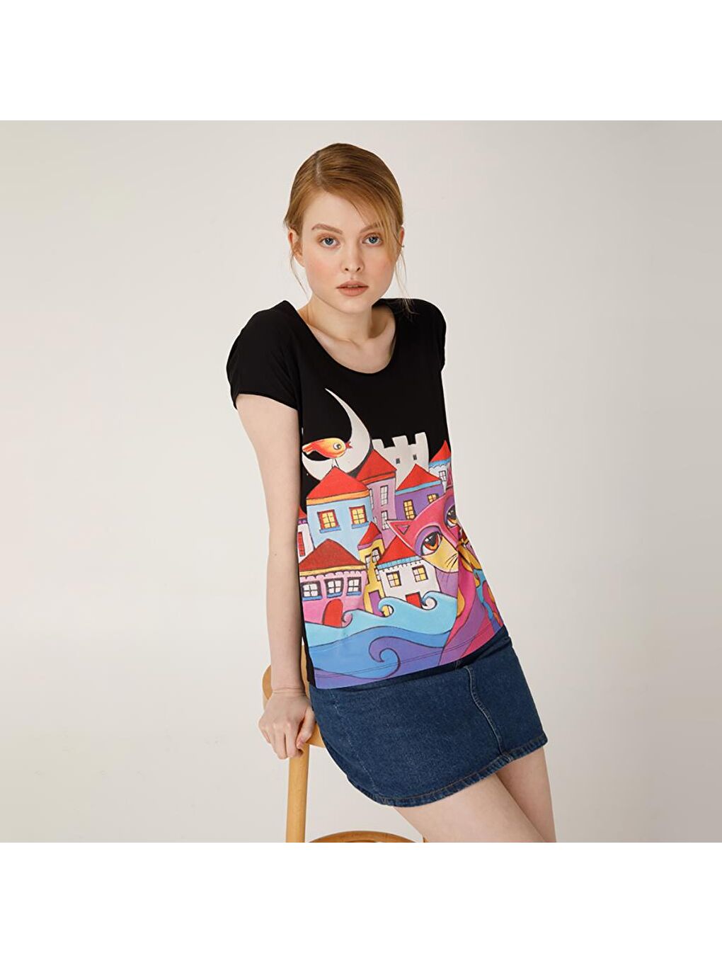 Siyah Owl and City Kadın T-Shirt-5