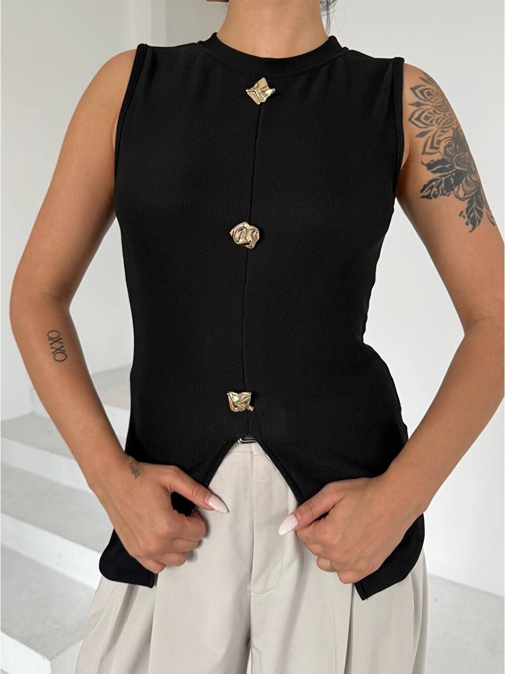 Ottoman Düğme Detay Bluz Siyah-3