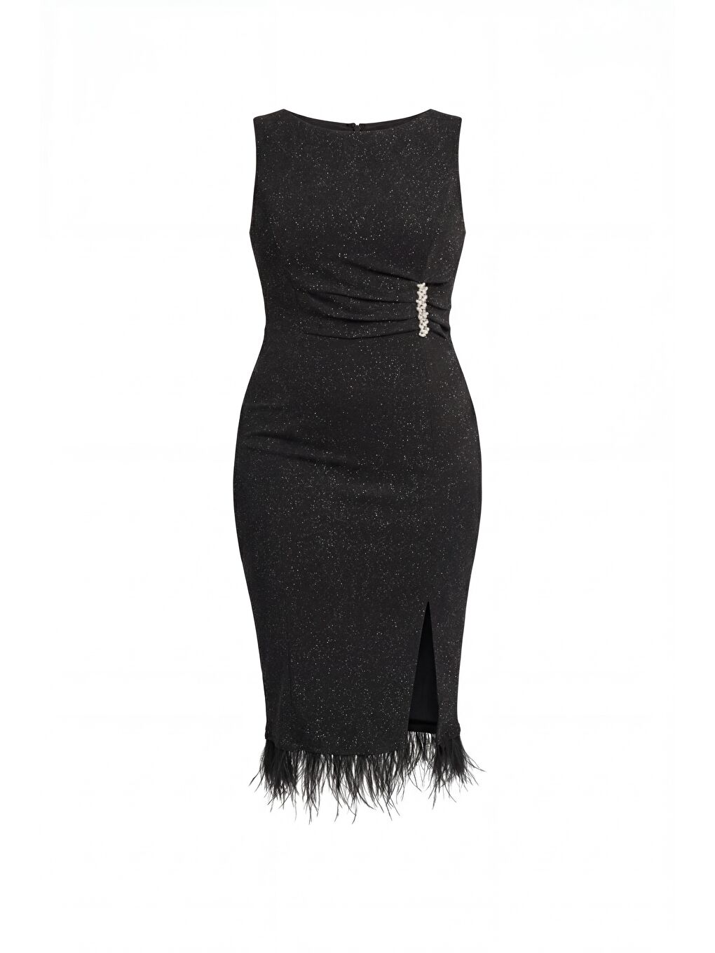 Kadın Siyah Bisiklet Yaka Taşlı Büyük Beden Abiye Elbise-4