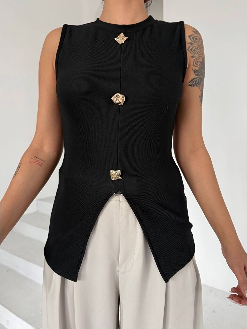 Ottoman Düğme Detay Bluz Siyah-4