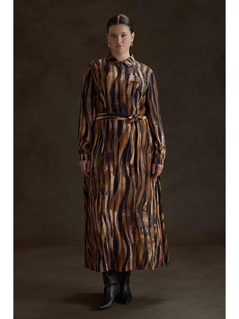 Kahverengi Desenli Viscon Elbise-1