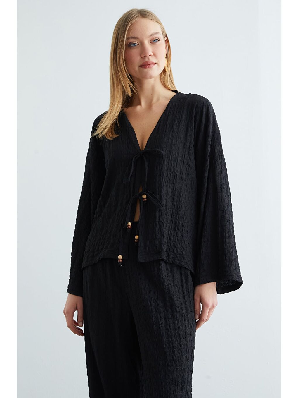 Siyah Önden Bağlamalı Dokulu Kimono 2 Li Takım-3