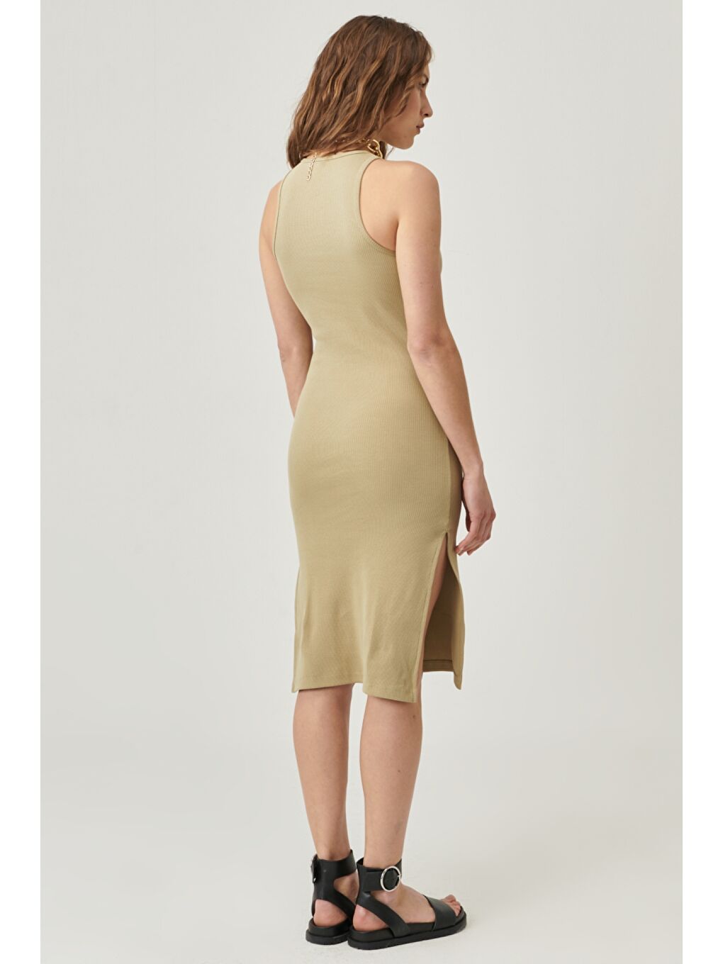 Bej Skinny Fit %100 Pamuk Kolsuz Elbise-4