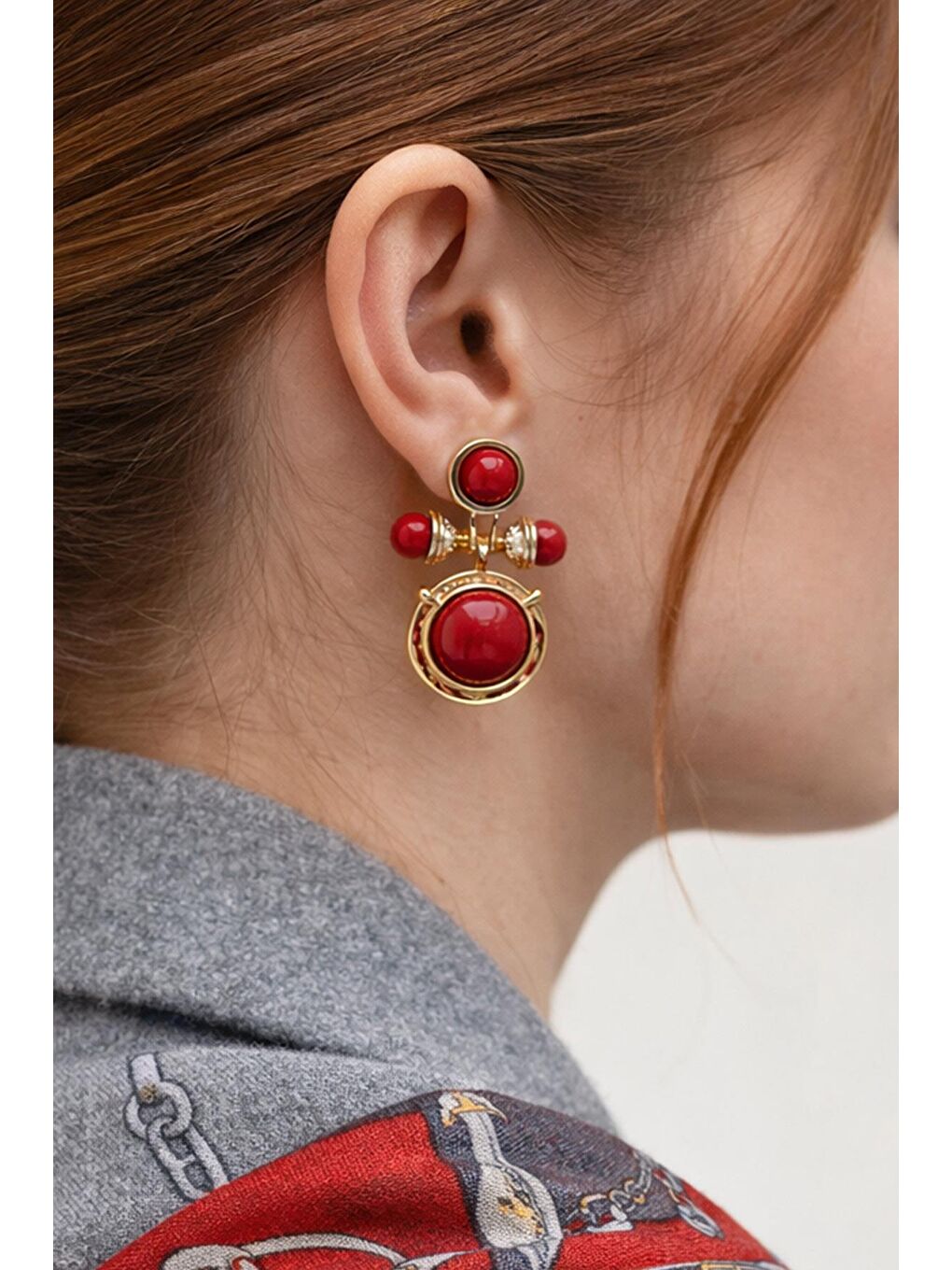 Kırmızı Antik Sarı Vintage Küpe-2