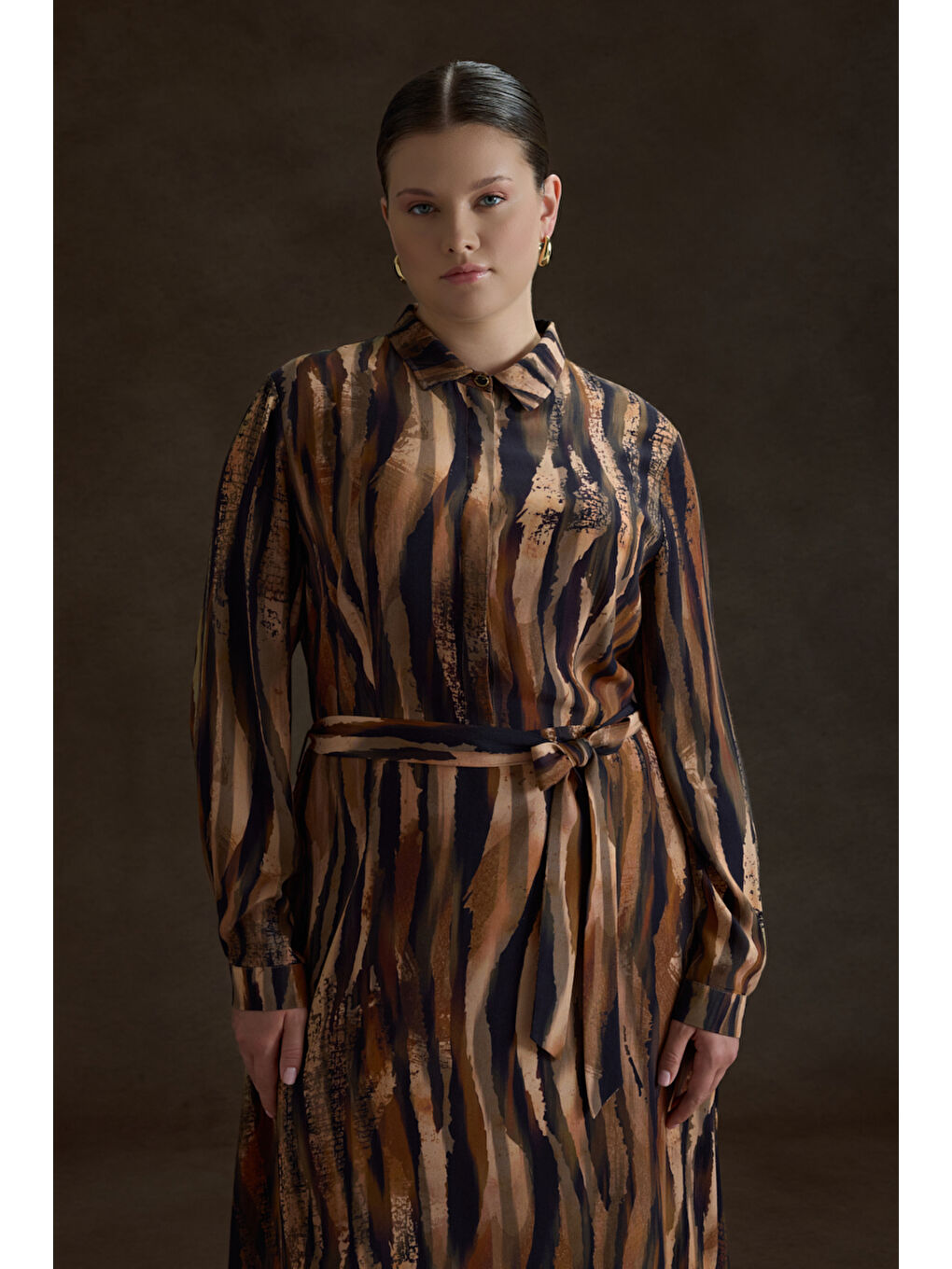 Kahverengi Desenli Viscon Elbise-2