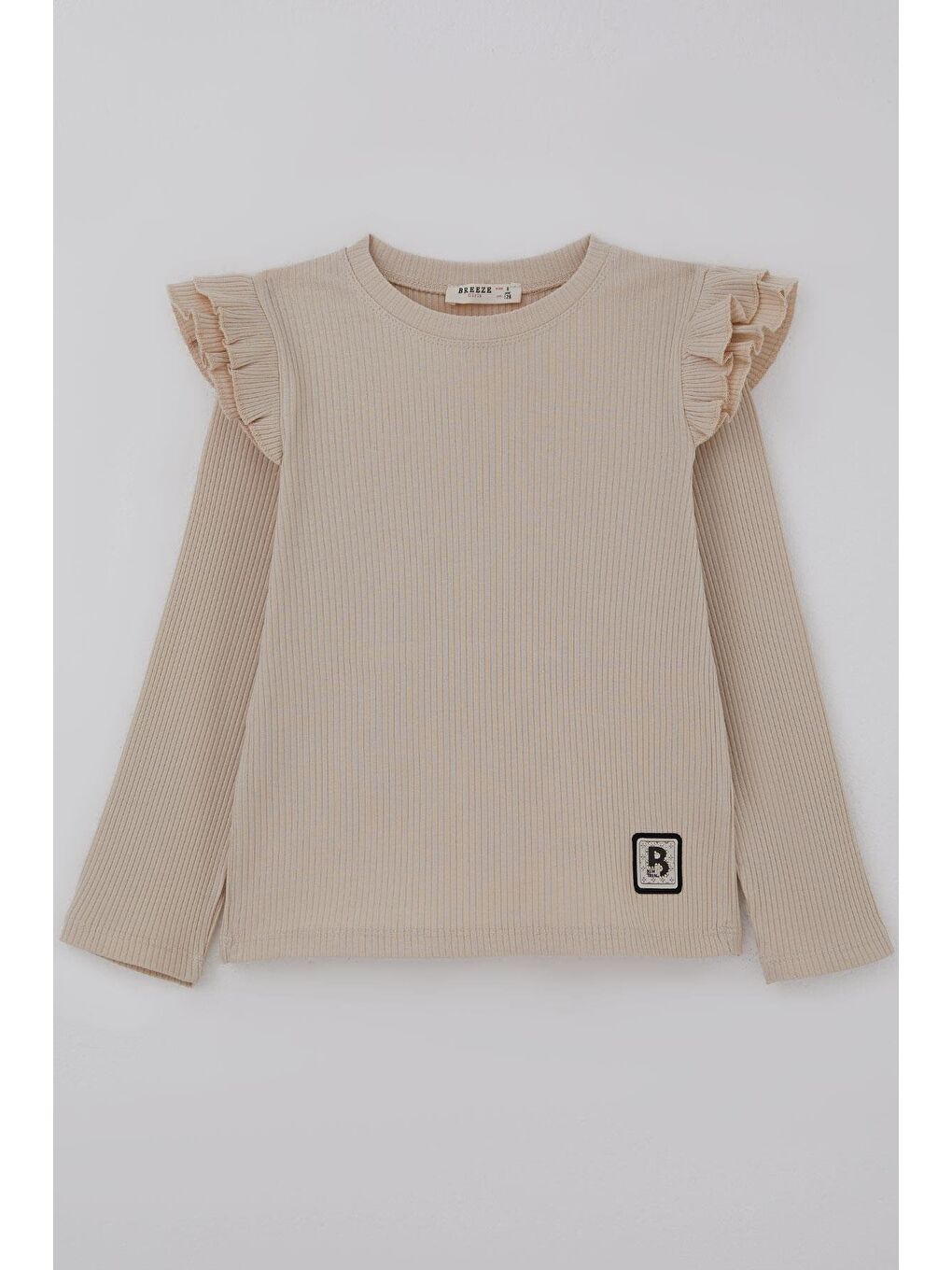 Kız Çocuk Uzun Kollu Tişört Arma Detaylı Omuzu Fırfırlı Bej (5-10 Yaş)