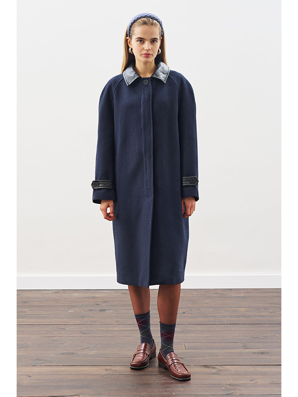 Deri Detaylı Kaşe Kaban Lacivert