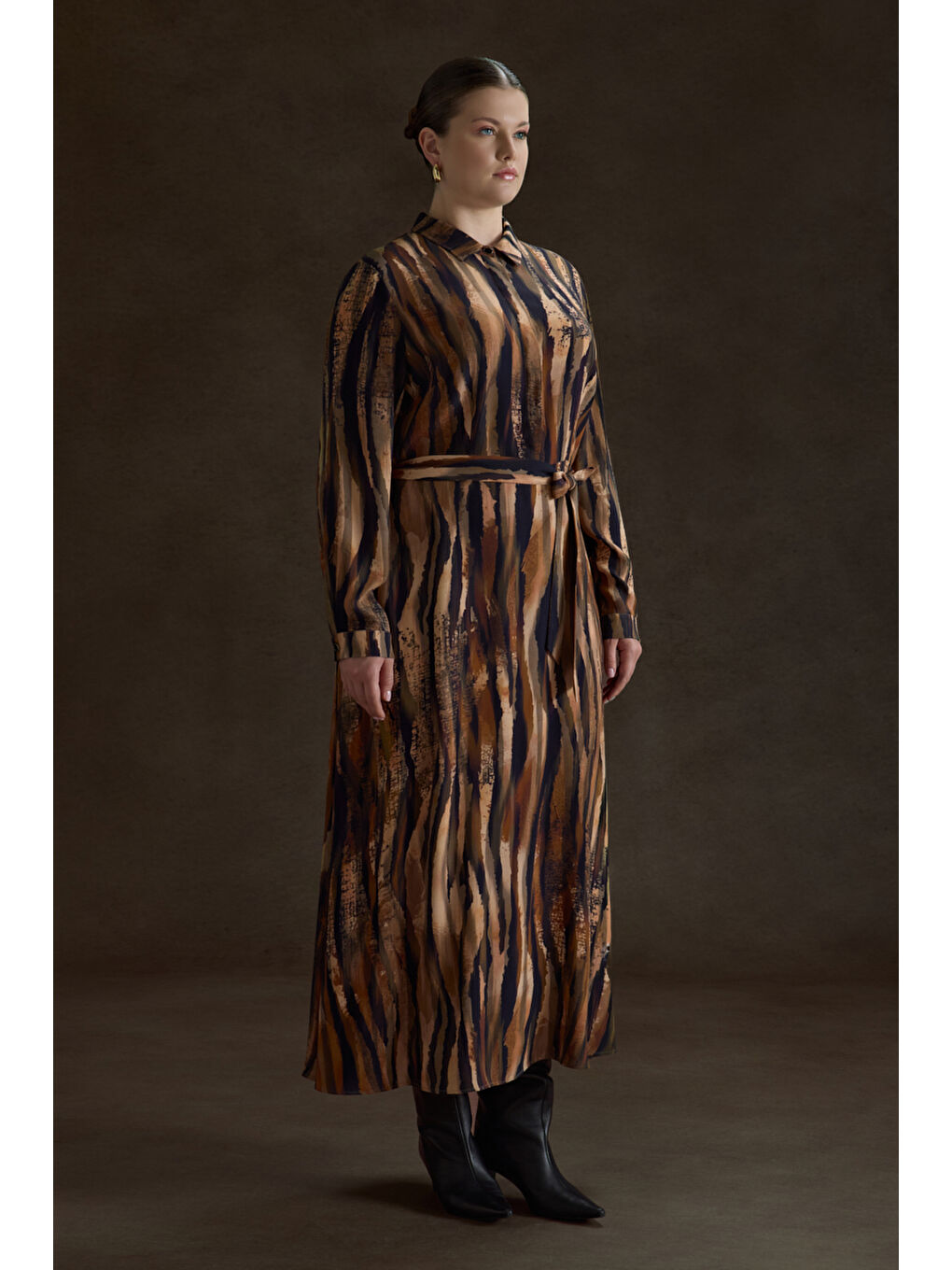 Kahverengi Desenli Viscon Elbise-3