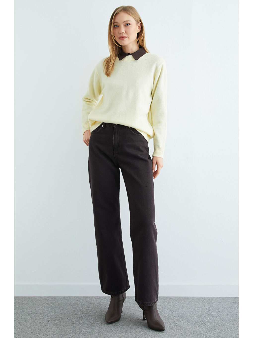 Sarı Basic Bisiklet Yaka Salaş Triko Kazak-1