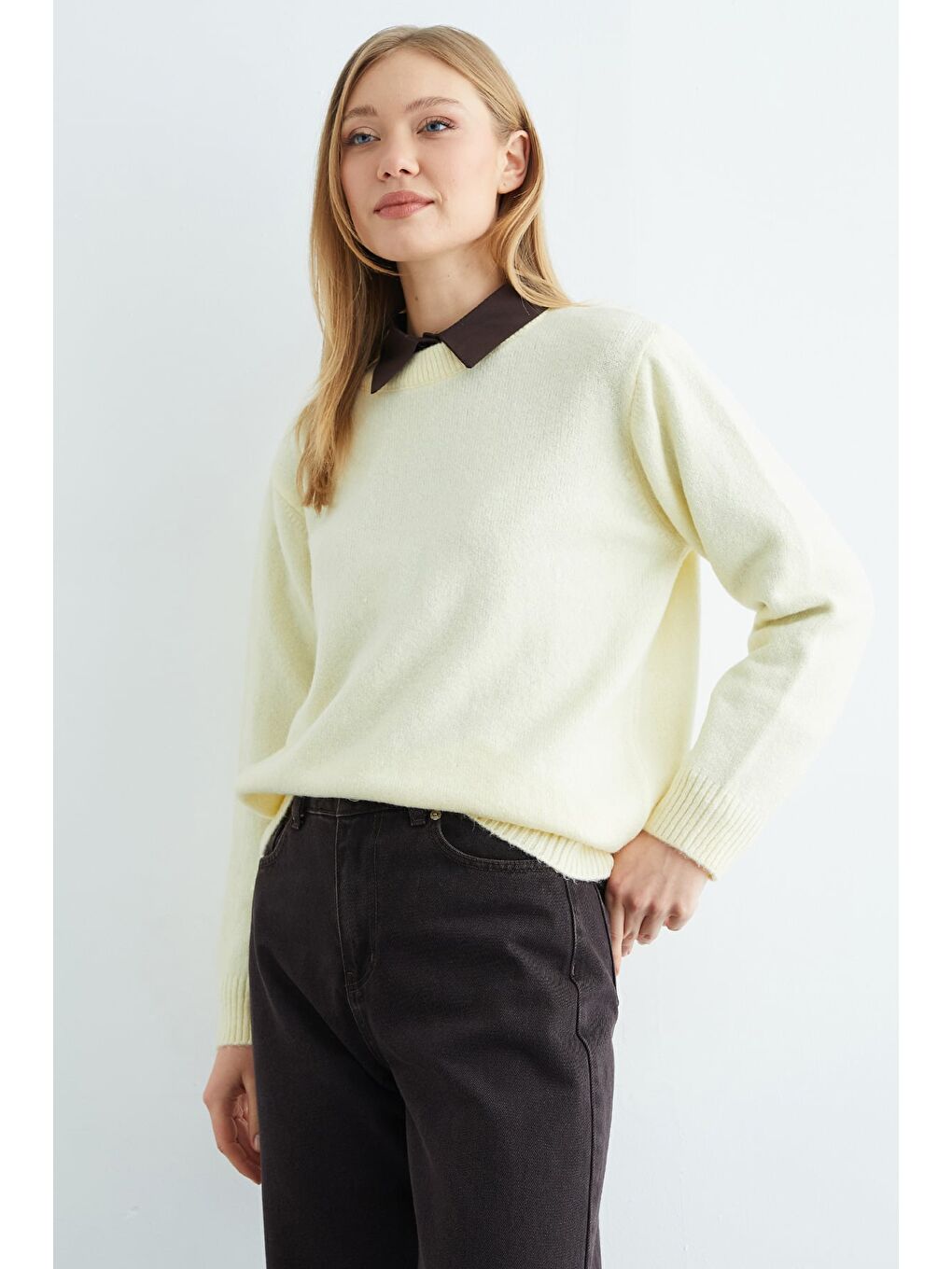 Sarı Basic Bisiklet Yaka Salaş Triko Kazak-2