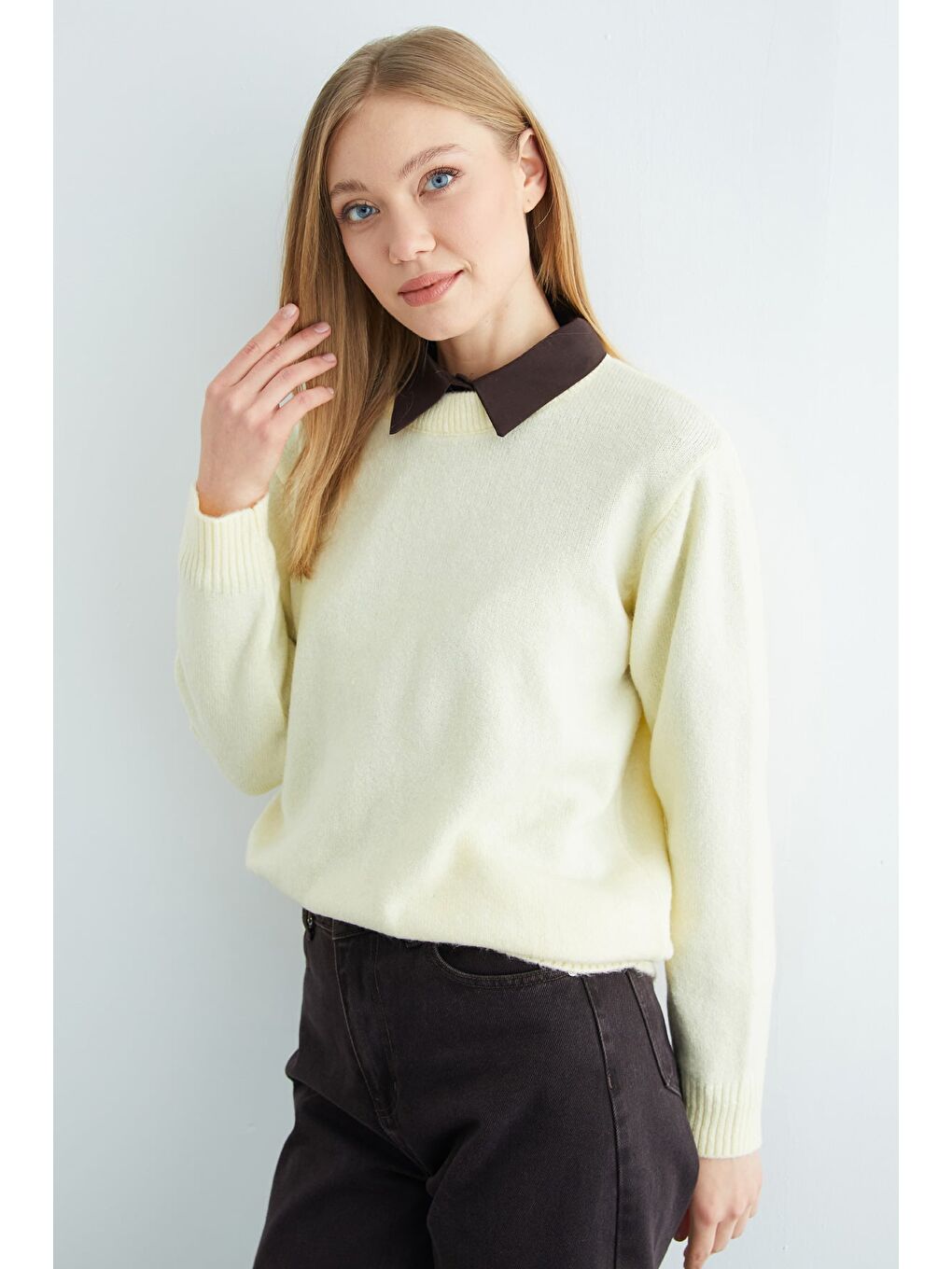 Sarı Basic Bisiklet Yaka Salaş Triko Kazak-3