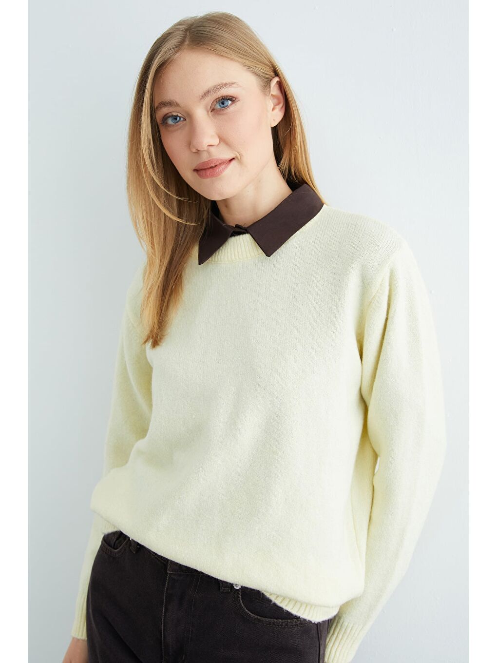 Sarı Basic Bisiklet Yaka Salaş Triko Kazak-4