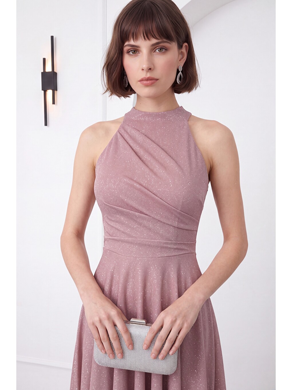 Pembe Kadın Pudra Halter Yaka Simli Midi Kloş Abiye Elbise-2