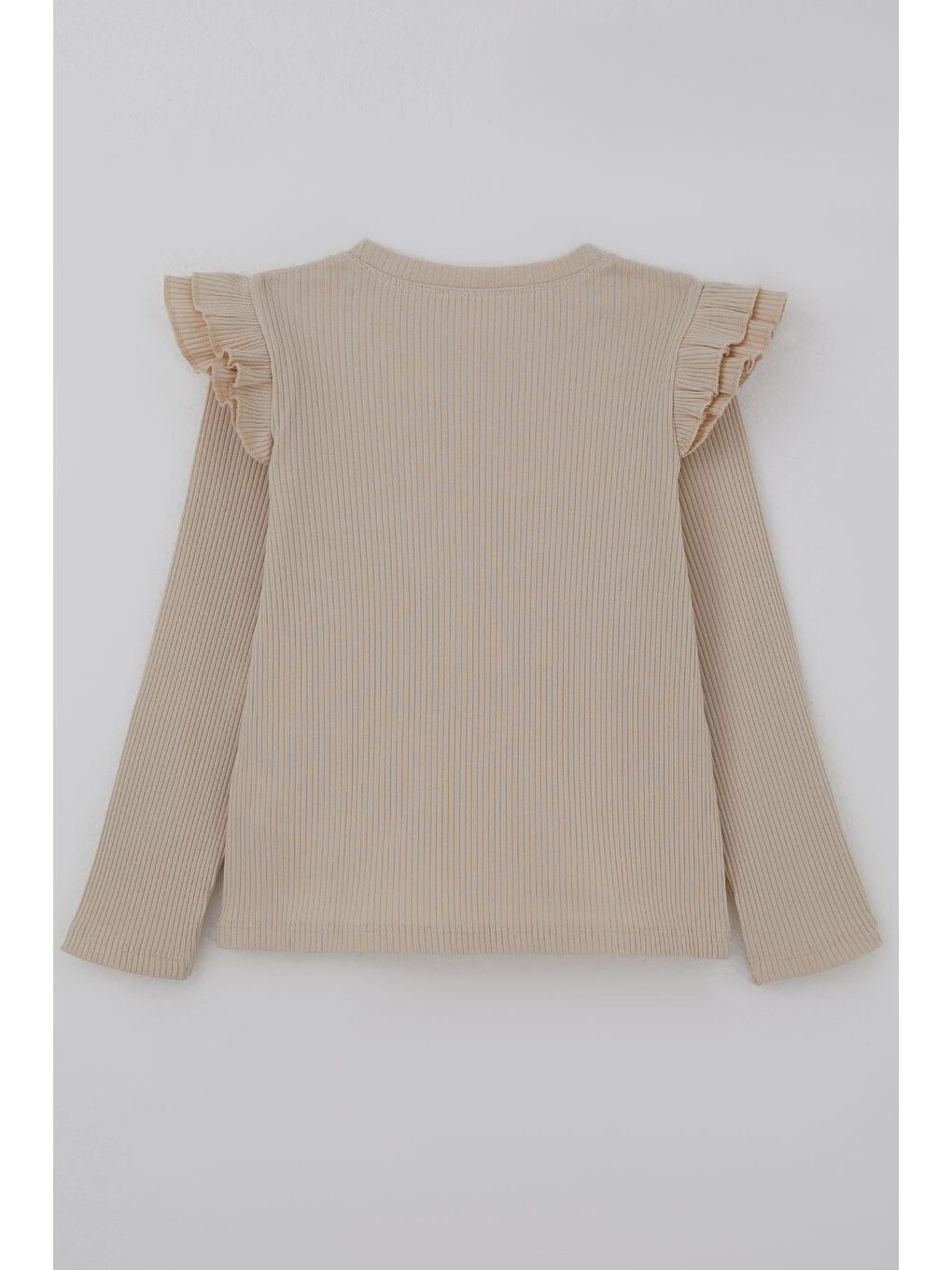 Kız Çocuk Uzun Kollu Tişört Arma Detaylı Omuzu Fırfırlı Bej (5-10 Yaş)-1
