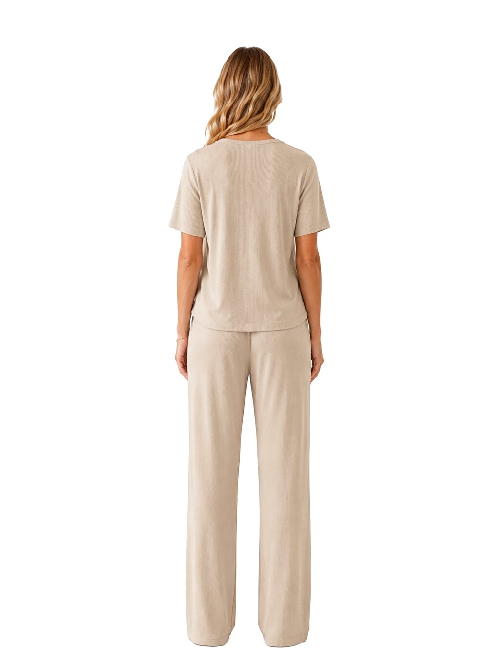 Premium - Neat Collection | Bej Rib Dokulu V Yaka Modal Viskon Bol Paça Kadın Pijama Takımı-3