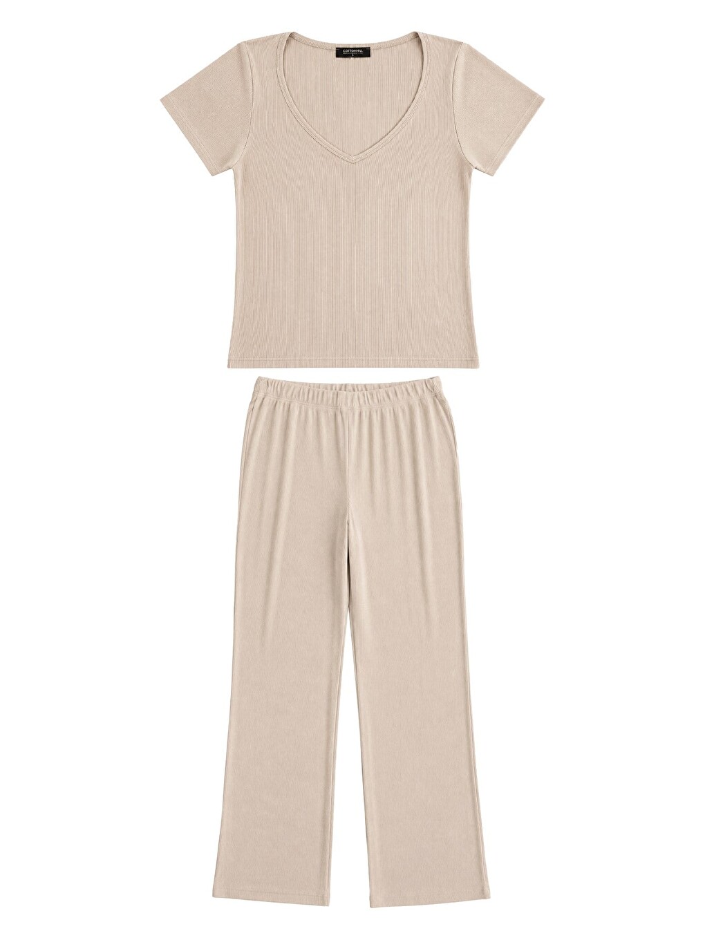 Premium - Neat Collection | Bej Rib Dokulu V Yaka Modal Viskon Bol Paça Kadın Pijama Takımı-4