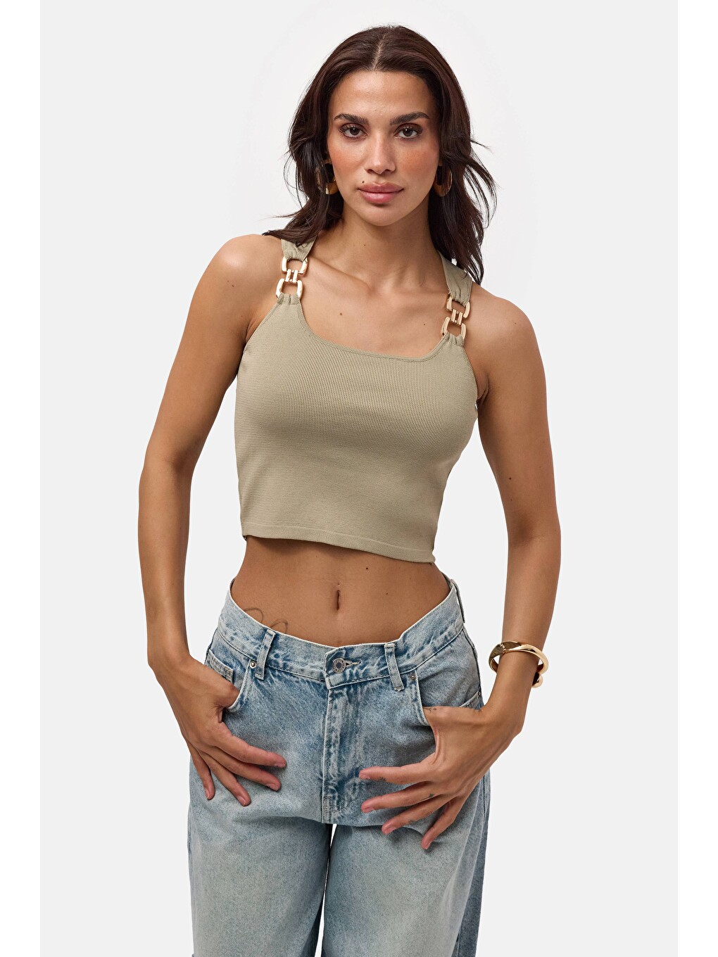 Kadın Haki s6-106 Aksesuar Detaylı Crop Bluz-3