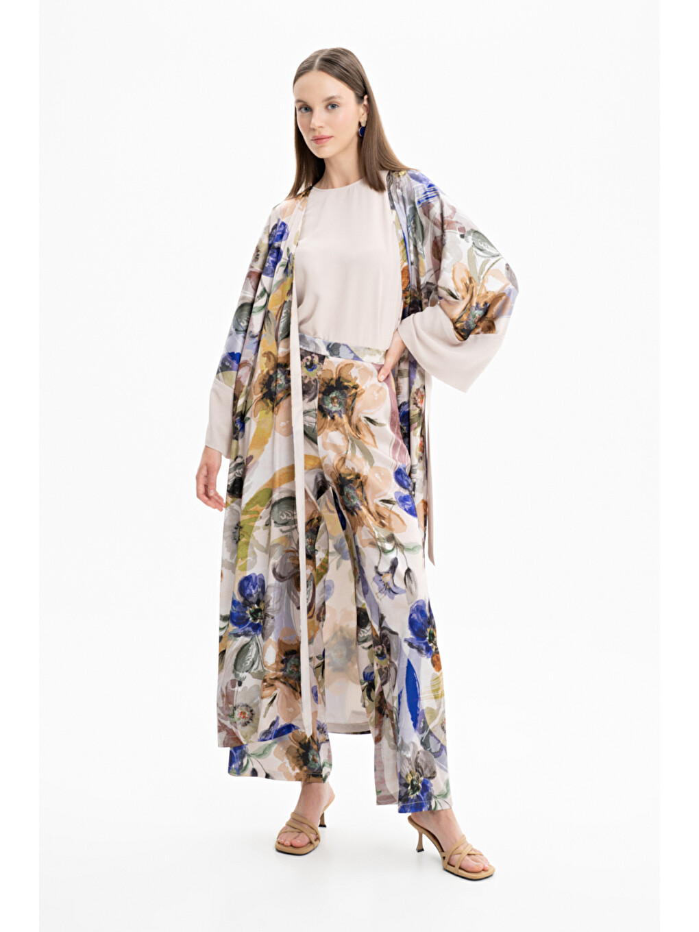 Bej Taş Saten Desenli Kimono