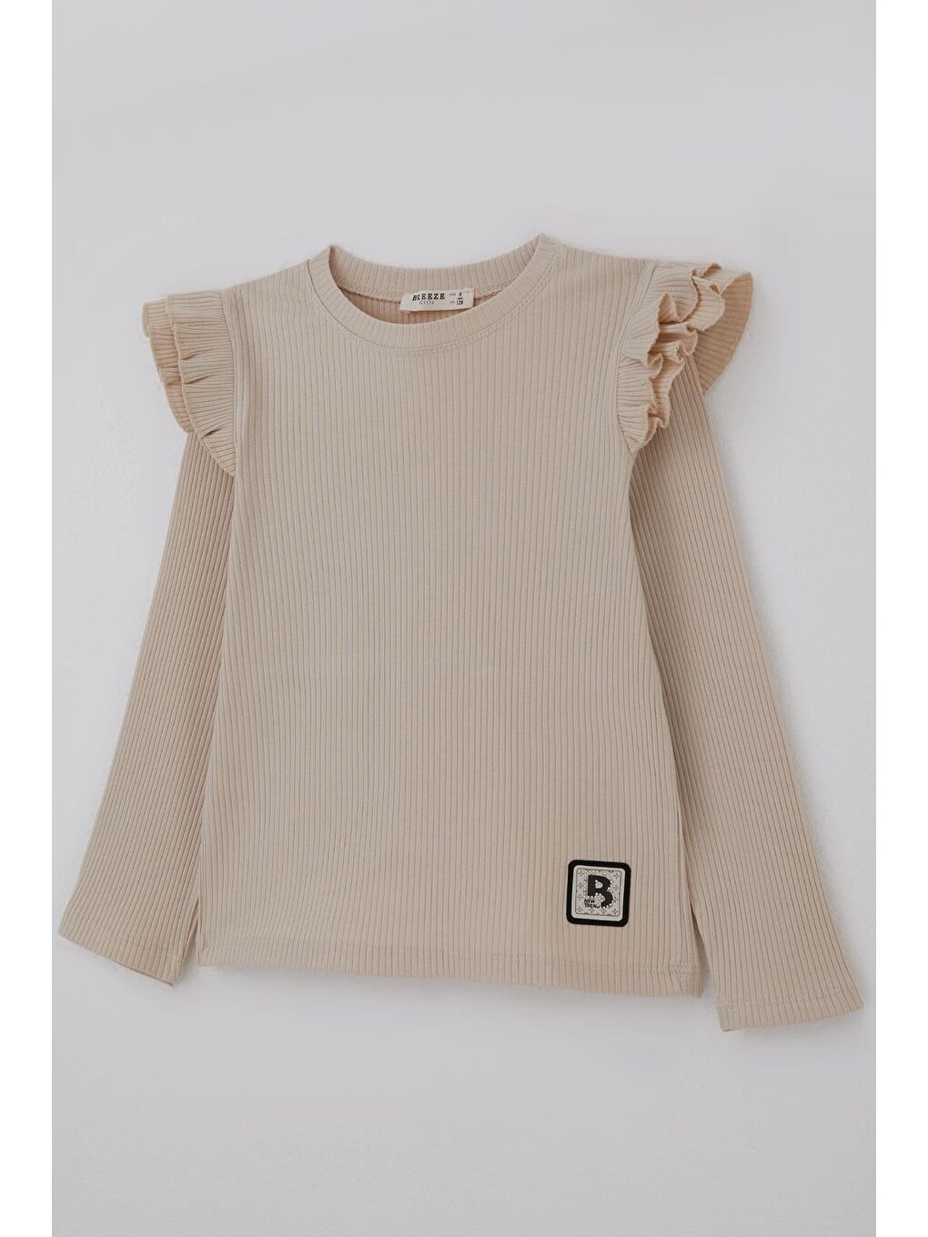 Kız Çocuk Uzun Kollu Tişört Arma Detaylı Omuzu Fırfırlı Bej (5-10 Yaş)-2