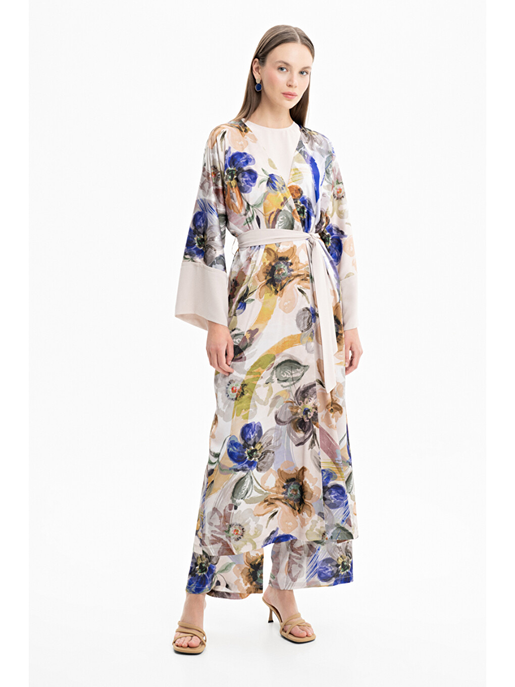 Bej Taş Saten Desenli Kimono-1