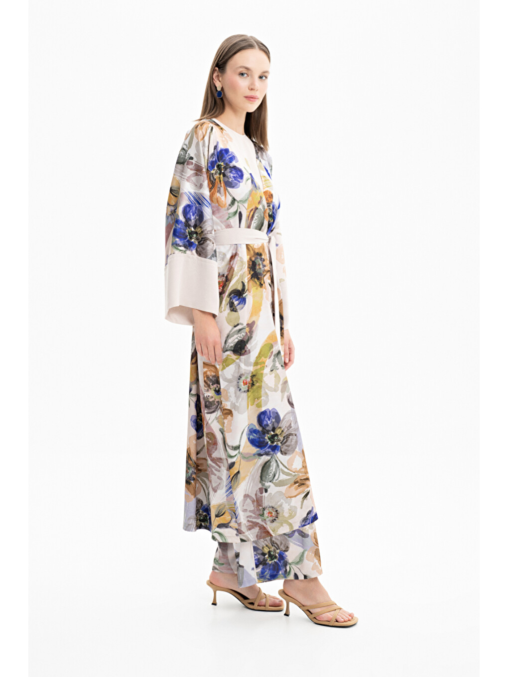 Bej Taş Saten Desenli Kimono-2