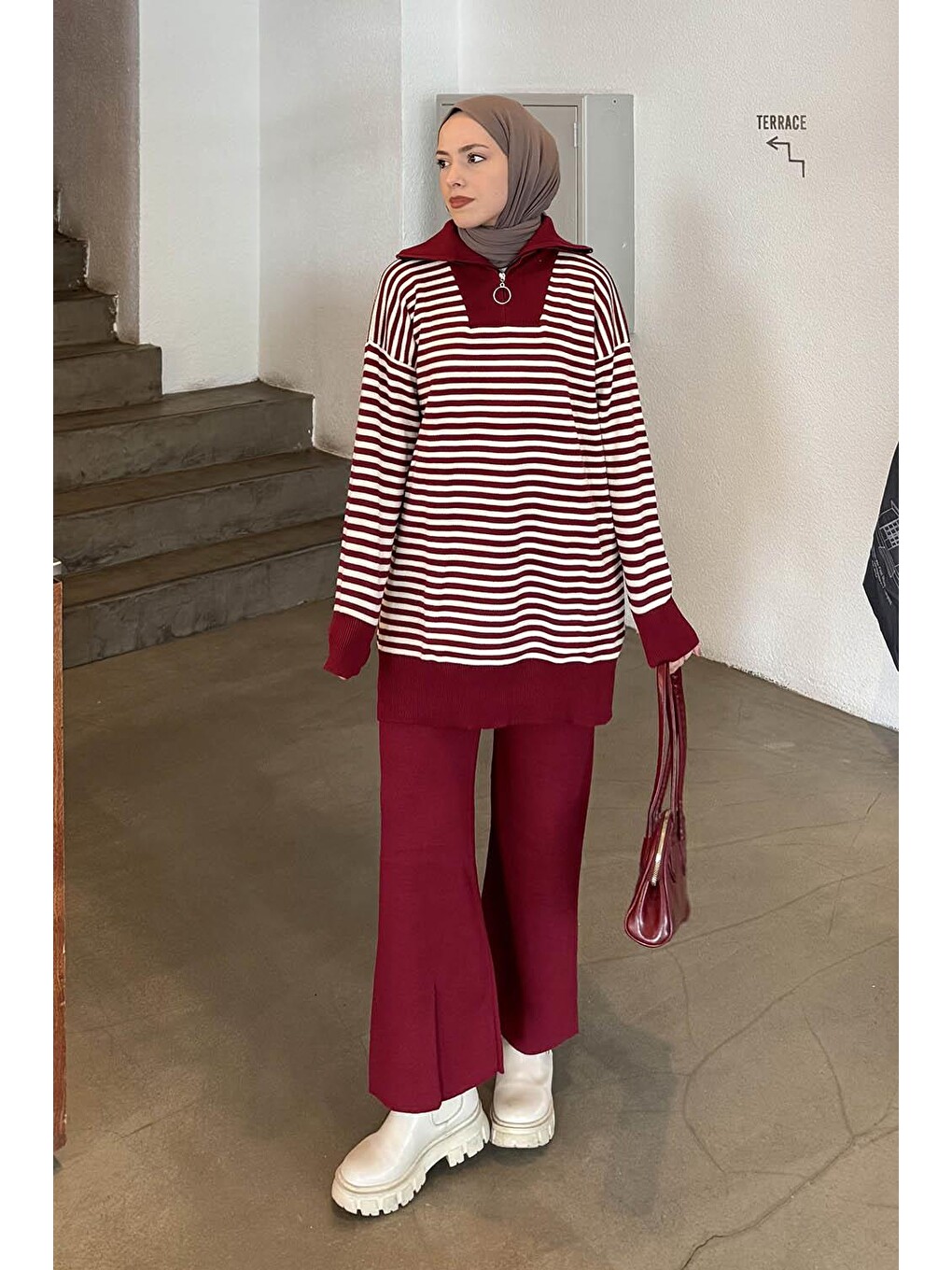 Çizgili Balıkçı Yaka Triko Takım Bordo