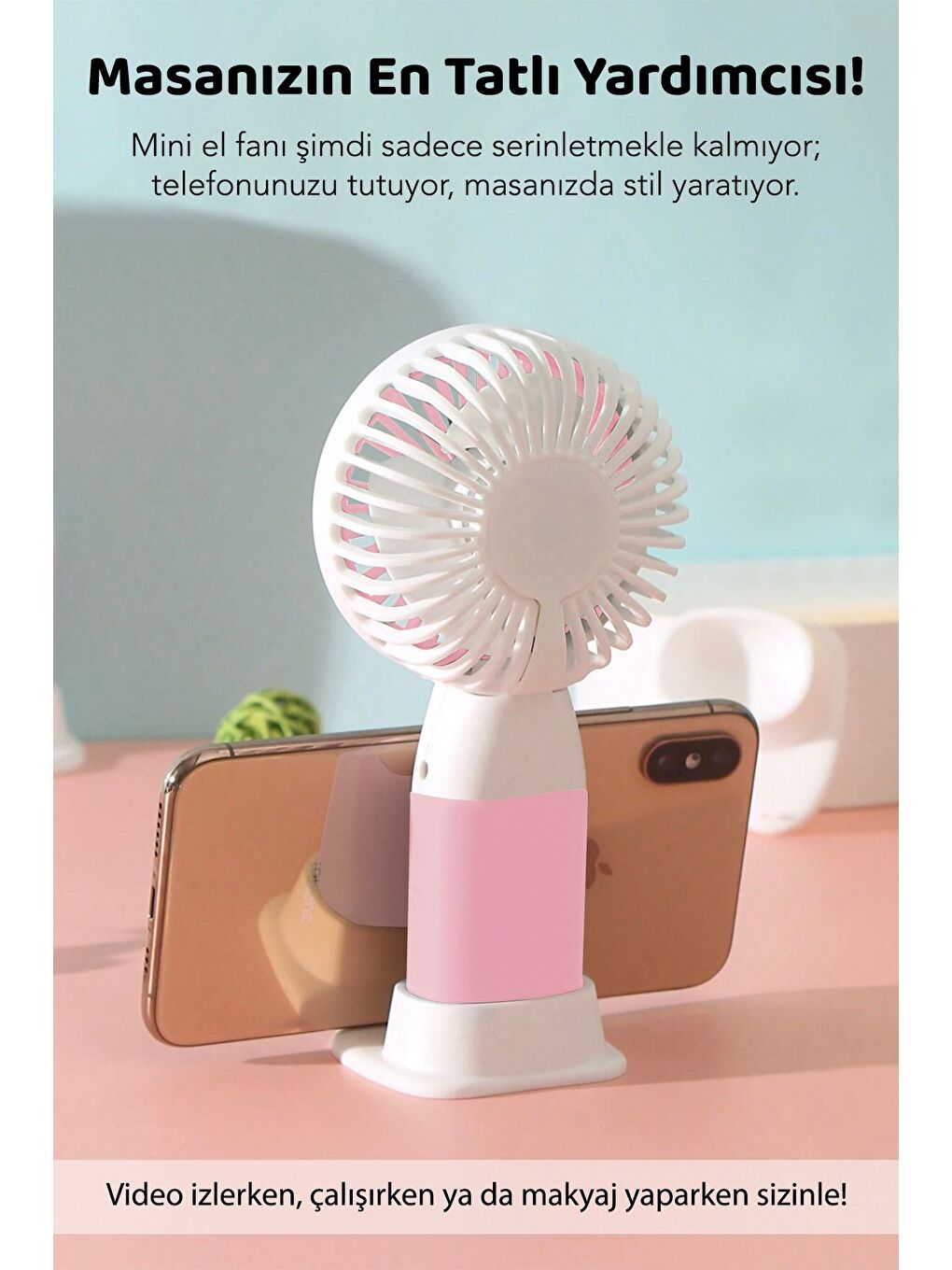 2'li Figürlü Şarjlı El Fanı - Telefon Standlı Taşınabilir Soğutucu Mini Masa Fanı Pembe Turuncu-1
