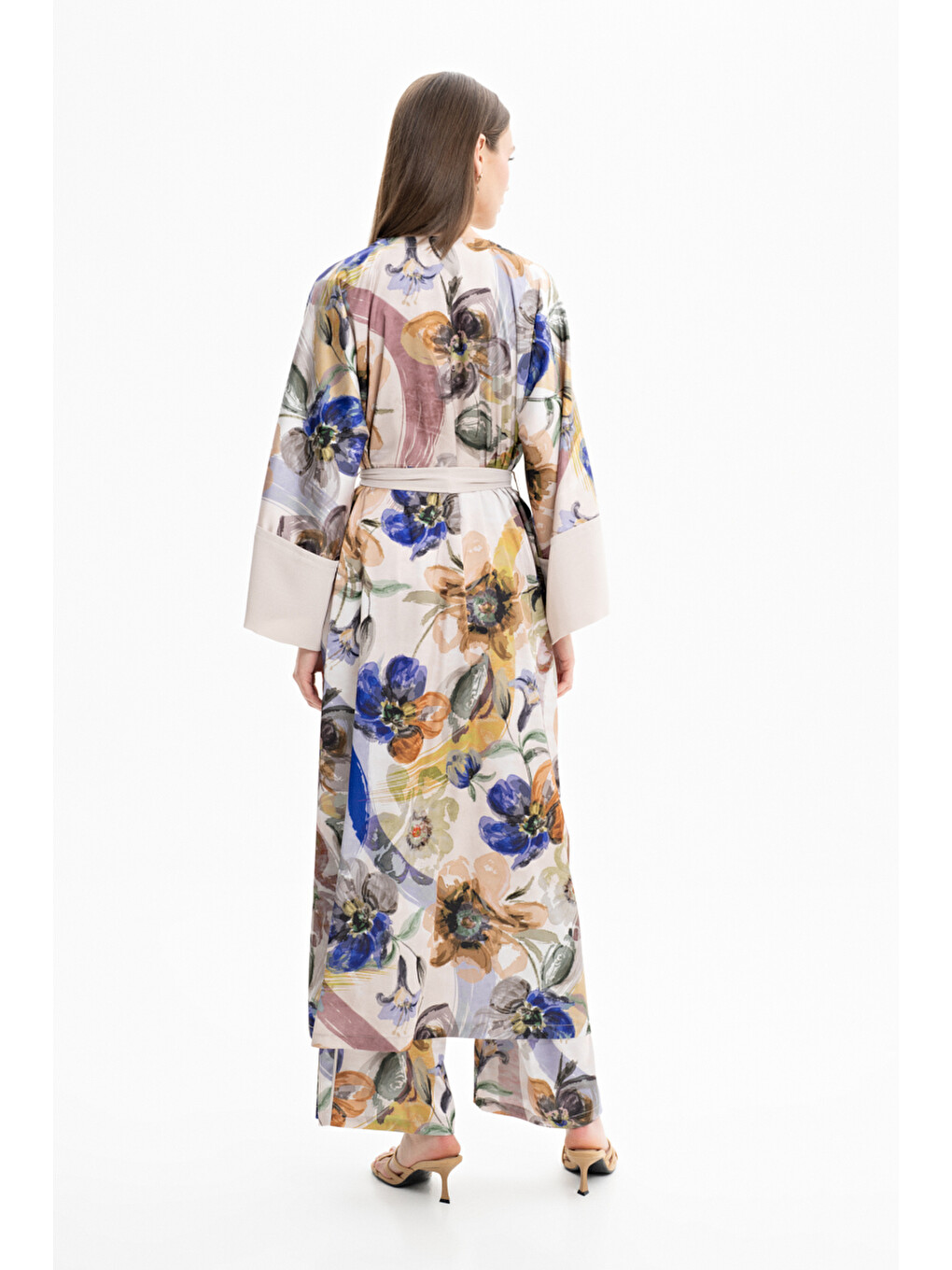 Bej Taş Saten Desenli Kimono-3