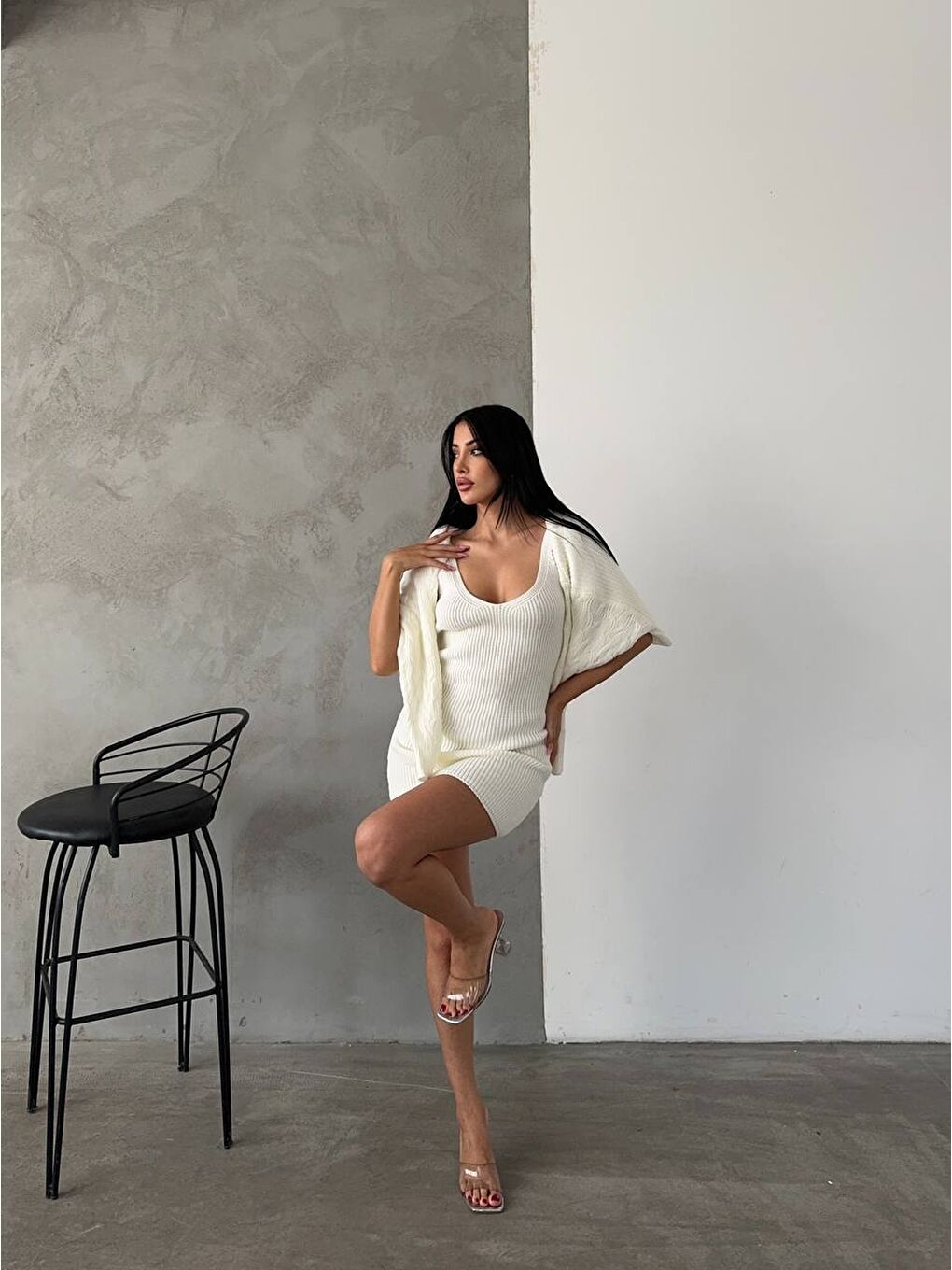 Ekru Elbise ve Kazak Triko Takım-1