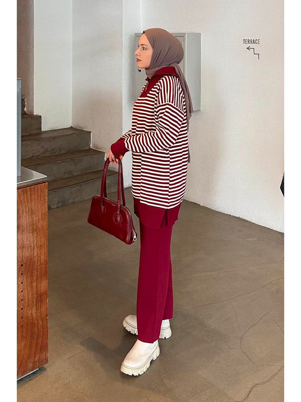 Çizgili Balıkçı Yaka Triko Takım Bordo-1