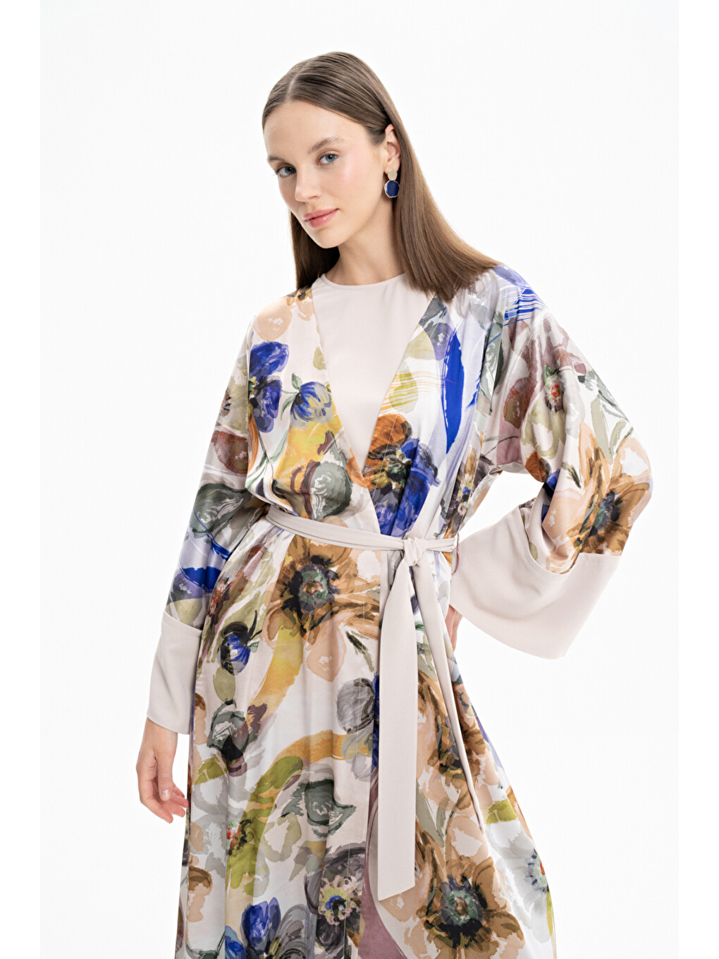 Bej Taş Saten Desenli Kimono-4