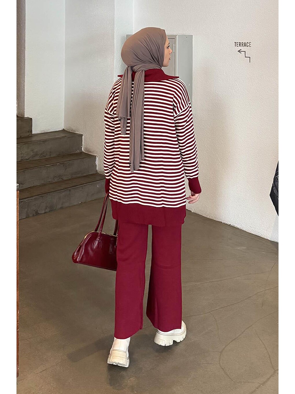 Çizgili Balıkçı Yaka Triko Takım Bordo-3
