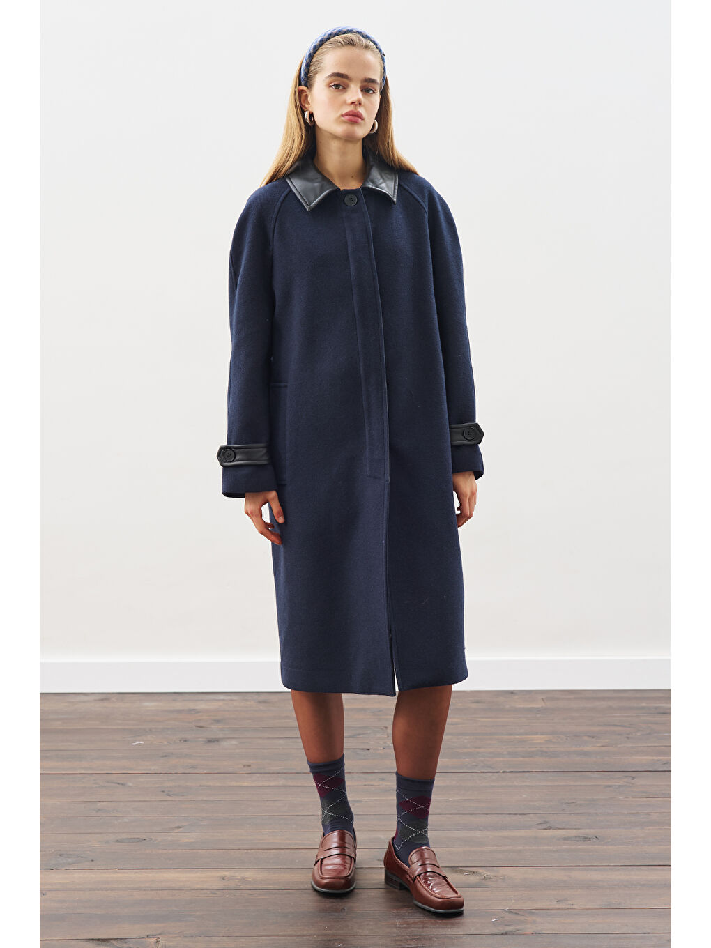 Deri Detaylı Kaşe Kaban Lacivert-3