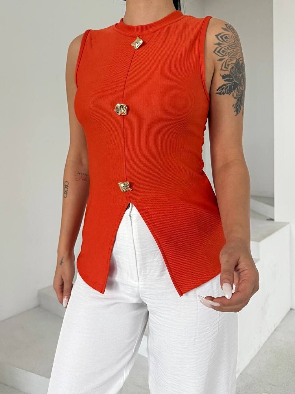 Ottoman Düğme Detay Bluz Turuncu-3