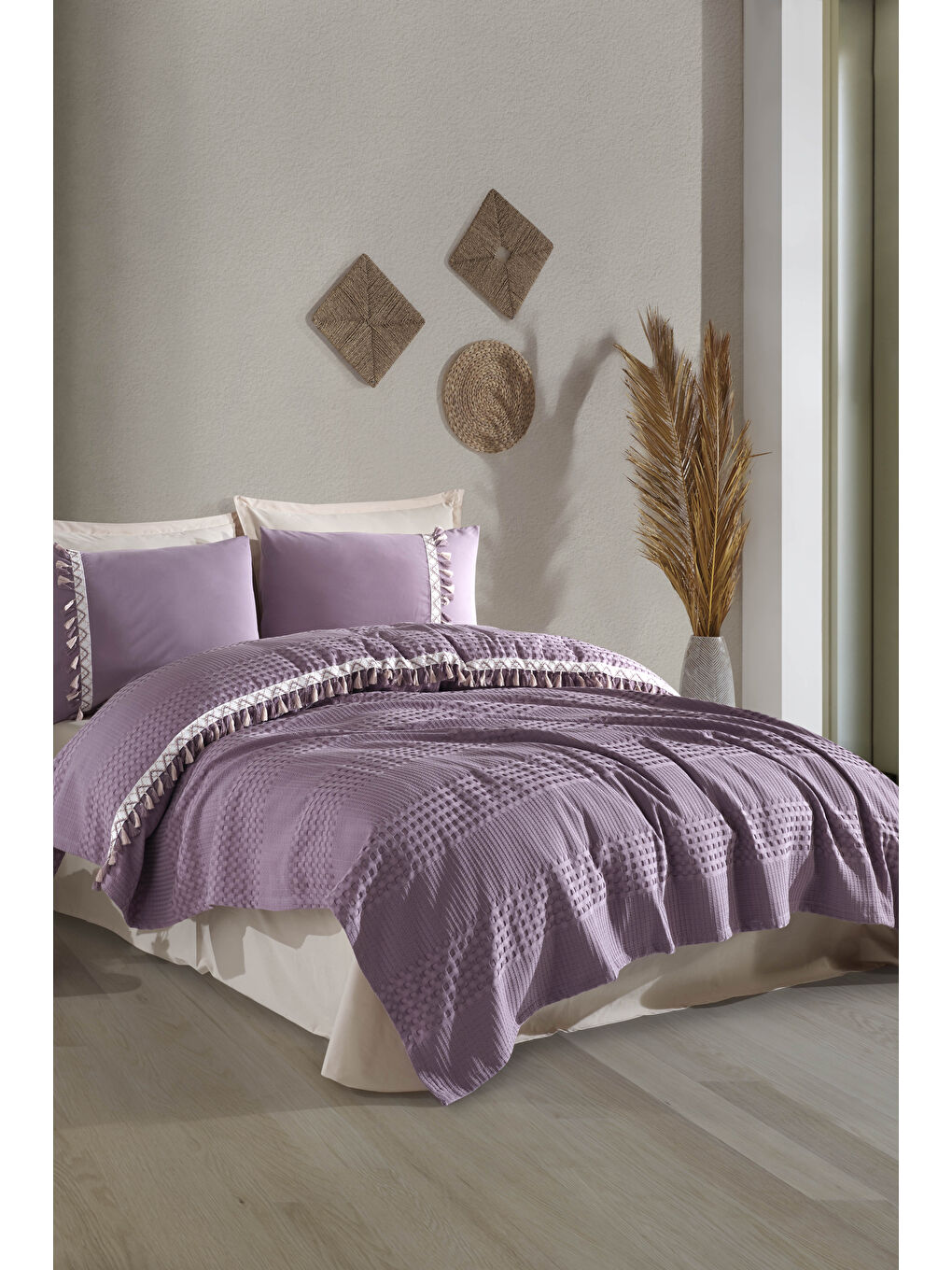 Butik Çift Kişilik Püsküllü Pike Takımı Bohamline Lila-3